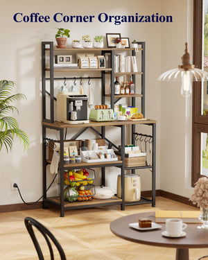 Baker's Rack with Power Outlet 12 Hooks Multi-Shelf Kitchen Storage