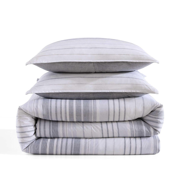 Bold Stripe Grey Cotton Comforter Set with Shams
