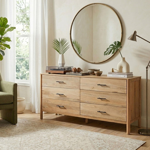 66-Inch Wide 6-Drawer Dresser – Natural Oak White Mango Wood