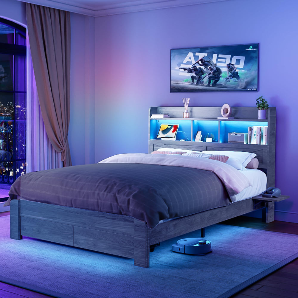 Queen Bed Frame with Storage Headboard, LED Lights & Charging Station
