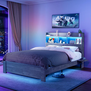 Queen Bed Frame with Storage Headboard, LED Lights & Charging Station