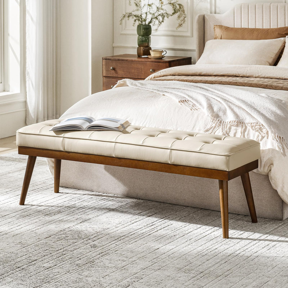 55.5" Button-Tufted Genuine Leather Entryway Bench