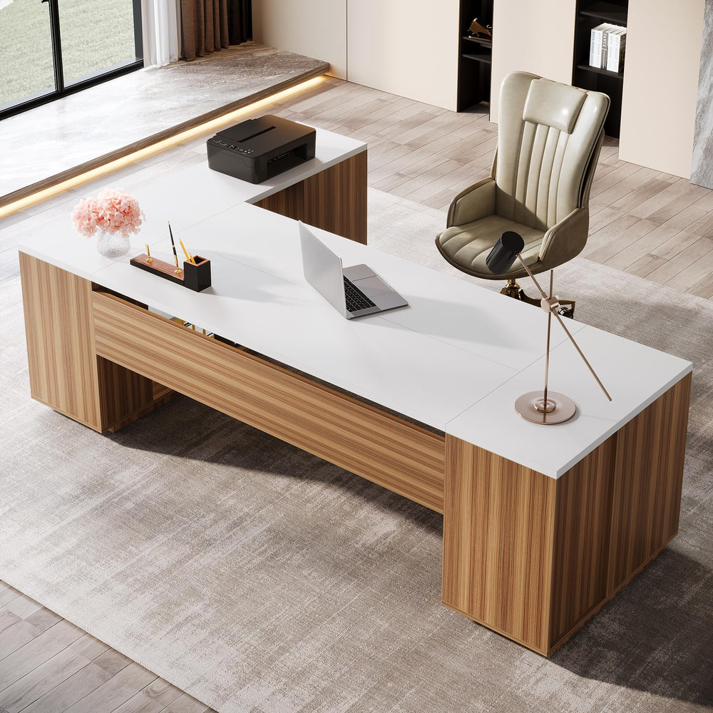 L-Shaped Executive Office Desk with File Drawers & Storage Cabinet