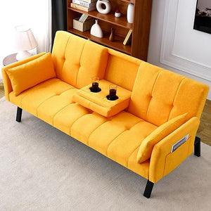 Convertible Velvet Futon Sofa Bed with Cup Holder