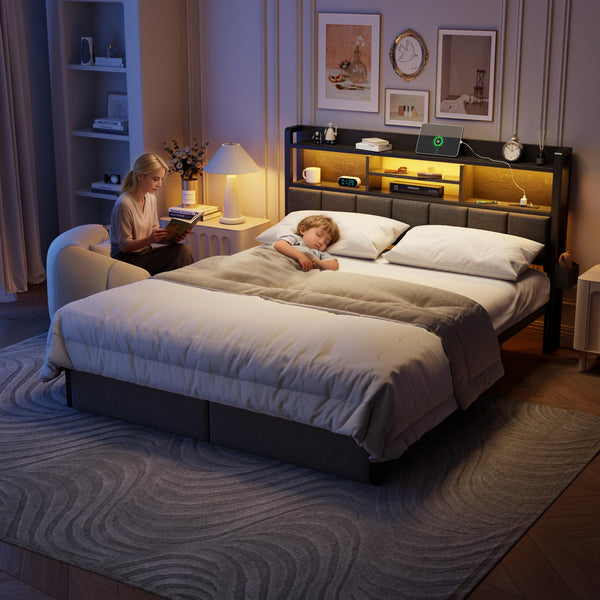 Platform Bed Frame with LED Lights, Storage Drawers & Charging Station