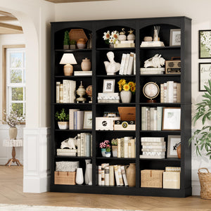 6-Tier Triple Wide Bookcase with Arched Design, 18 Open Shelves