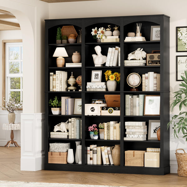 6-Tier Triple Wide Bookcase with Arched Design, 18 Open Shelves