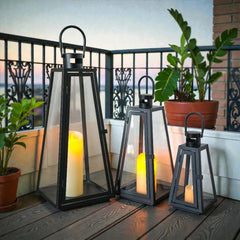 Set of 3 Decorative Metal Candle Lanterns with Tempered Glass — Indoor & Outdoor