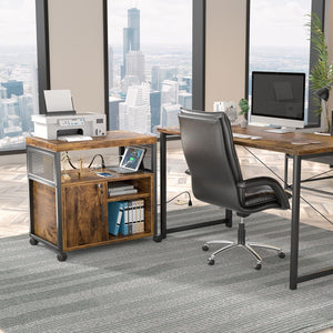 Rolling File Cabinet with Power Outlets, Locking Door & Open Shelves