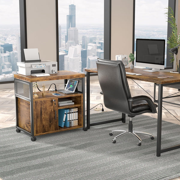 Rolling File Cabinet with Power Outlets, Locking Door & Open Shelves