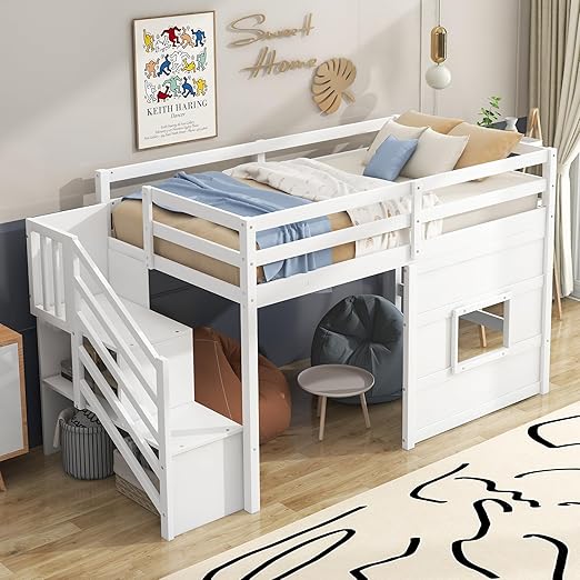 Twin Loft Bed with Storage Staircase & Underbed Space