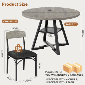 Round Dining Table Set for 4 – 47" 5-Piece with Storage Shelf