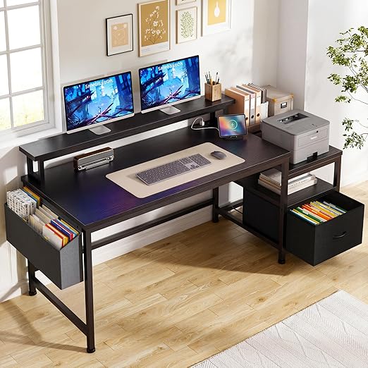 57" L-Shaped Corner Office Desk with Drawers, Power Outlets & Monitor Stand