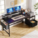 57" Computer Desk with Monitor Stand, Charging Station & File Cabinet