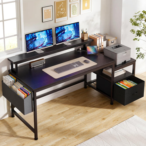 Computer Desk with Monitor Stand, File Drawers & Charging Station