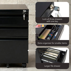 3-Drawer Rolling File Cabinet with Lock and Wheels
