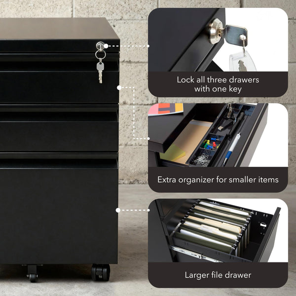 3-Drawer Rolling File Cabinet with Lock and Wheels