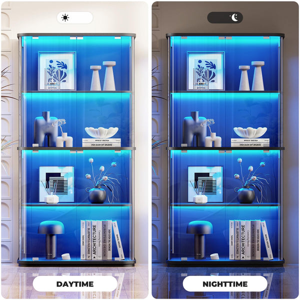 4-Tier Glass Display Cabinet with LED Lights & Motion Sensor