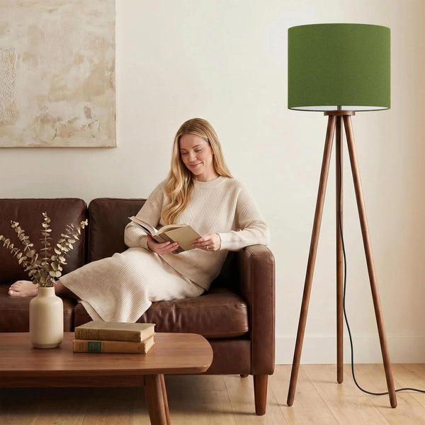 Rubberwood Tripod Floor Lamp — 60.6", 15.7" Linen Shade, Walnut Finish, E26