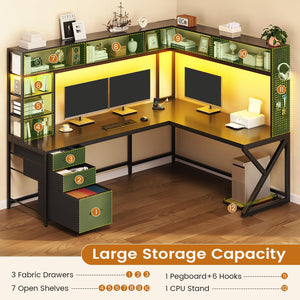 L-Shaped Gaming & Computer Desk with Storage, LED Lights & Power Outlet