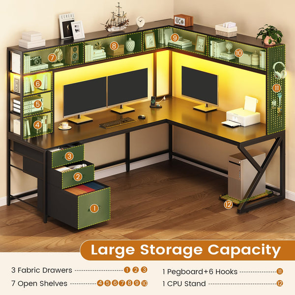 L-Shaped Gaming & Computer Desk with Storage, LED Lights & Power Outlet
