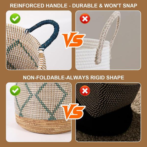 Seagrass Storage Basket Set of 4 – 2 Round & 2 Square Woven Bins with Handles