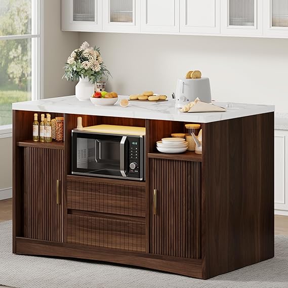 Rolling Kitchen Island with Storage, Power Outlet & LED Light