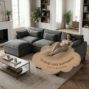 U-Shaped Modular Sectional Sofa with Ottomans & Throw Pillows