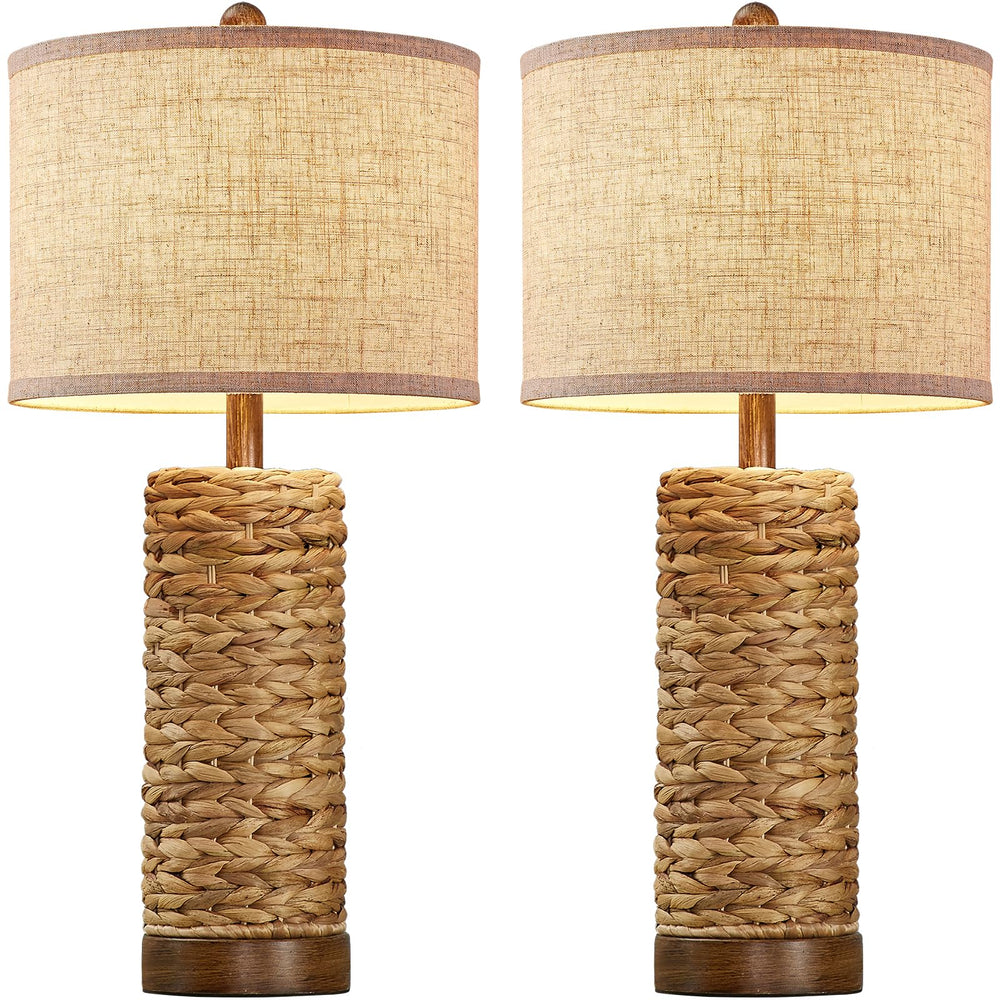 Natural Rattan Table Lamps Set of 2 with Linen Shade
