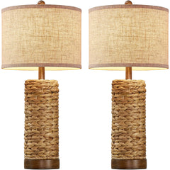 Natural Rattan Table Lamps Set of 2 with Linen Shade