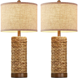 Natural Rattan Table Lamps Set of 2 with Linen Shade