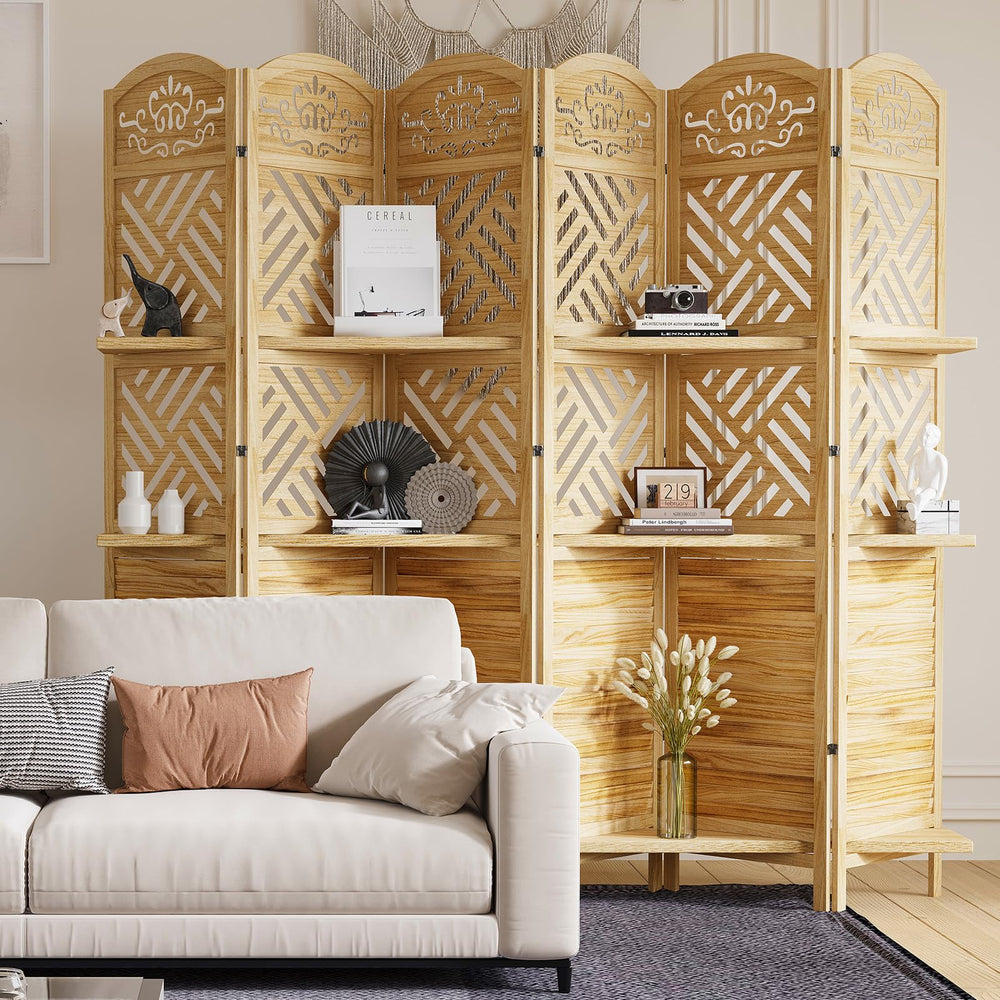 Folding Wood Room Divider with Shelves