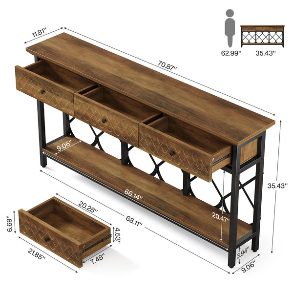 70.86" Industrial Console Table with 3 Drawers & Open Shelf