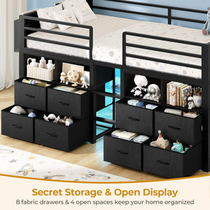 Twin Kids Loft Bed with Storage Drawers, Bookcase & LED Lights
