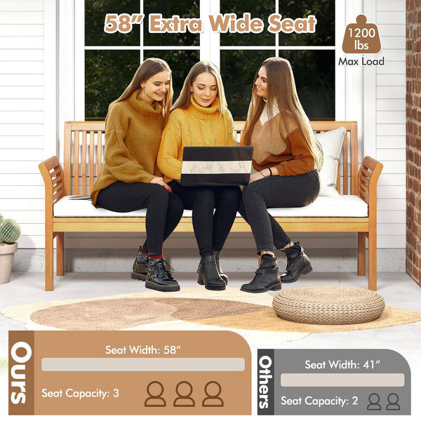 3-Seat Outdoor Acacia Wood Bench with Cushion