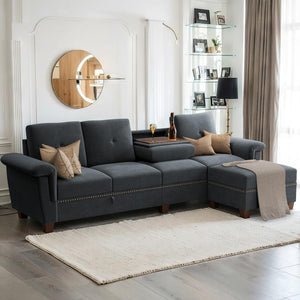 Modular L-Shaped Sectional Sofa with Storage Ottoman – Dark Gray