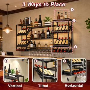Wall Mounted Wine Rack with Glass Holder & Floating Bar Shelves