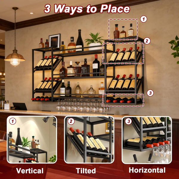 Wall Mounted Wine Rack with Glass Holder & Floating Bar Shelves