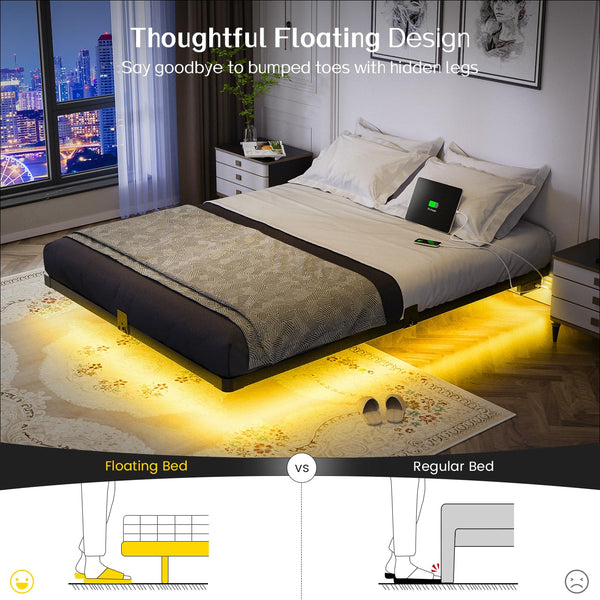 Floating Bed Frame with LED Lights & Charging Station