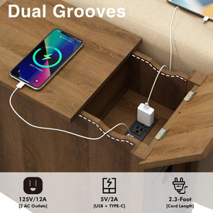 Narrow End Table with Charging Station – Midcentury Rattan Side Table with USB Ports & Storage