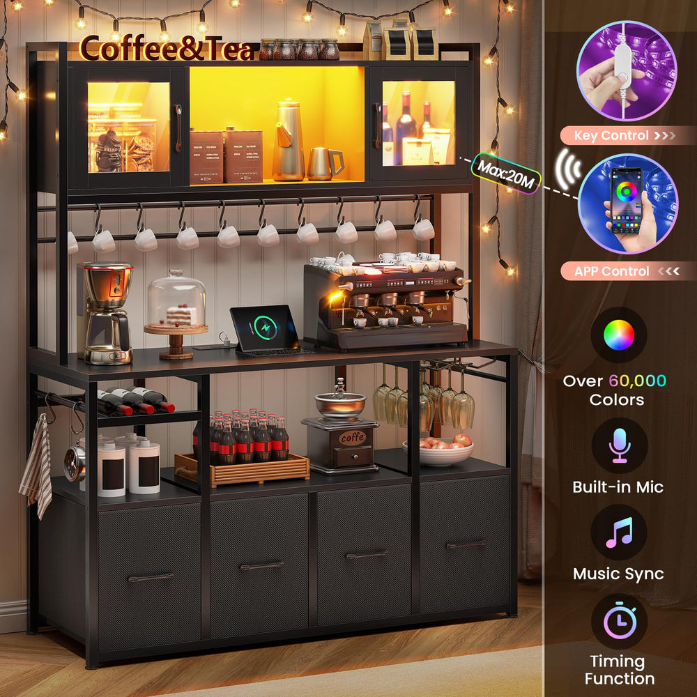 Bakers Rack with Power Outlet, LED Light & Storage Cabinet