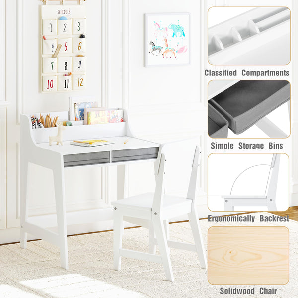 Kids Desk and Chair Set with LED Lamp, Tiltable Desktop & Storage Drawer