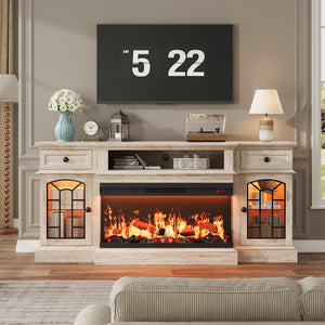 70" Electric Fireplace TV Stand with 3-Sided Glass Insert, Storage Cabinets & Open Shelf