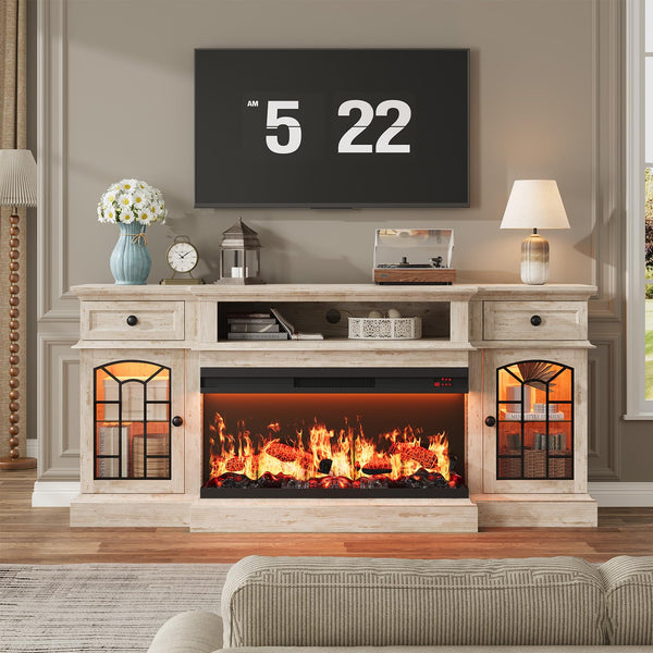 70" Electric Fireplace TV Stand with 3-Sided Glass Insert, Storage Cabinets & Open Shelf