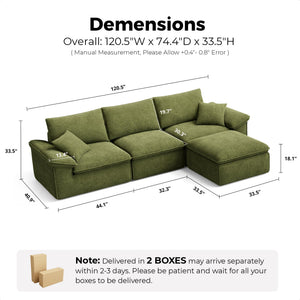 120" Modular Sectional Sofa with Ottoman – Deep Seat Cloud Couch