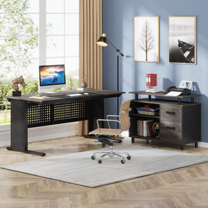 L-Shaped Executive Desk with File Cabinet and Storage Shelves