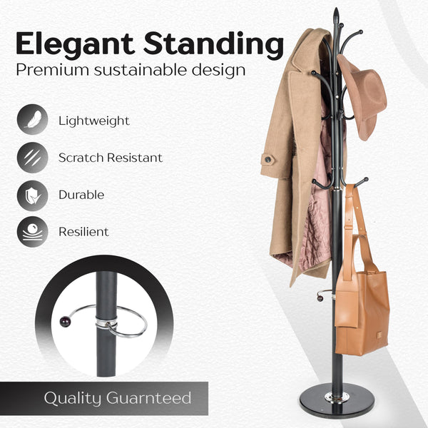 Metal Coat Rack with Marble Base, 12 Hooks & Umbrella Holder