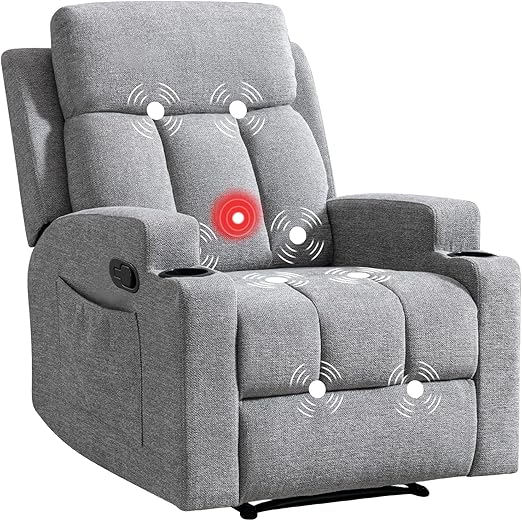 Manual Recliner Chair with Massage, Heat & Cup Holders
