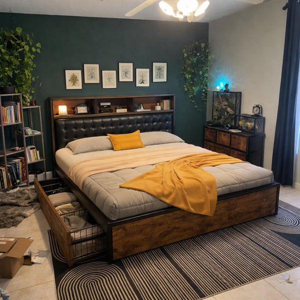 Queen Bed Frame with Storage Drawers & Charging Station