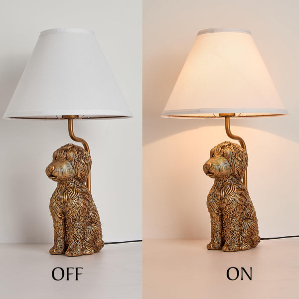 Resin Doodle Dog Table Lamp with Fabric Shade – Golden Sculptural Bedside Accent Light